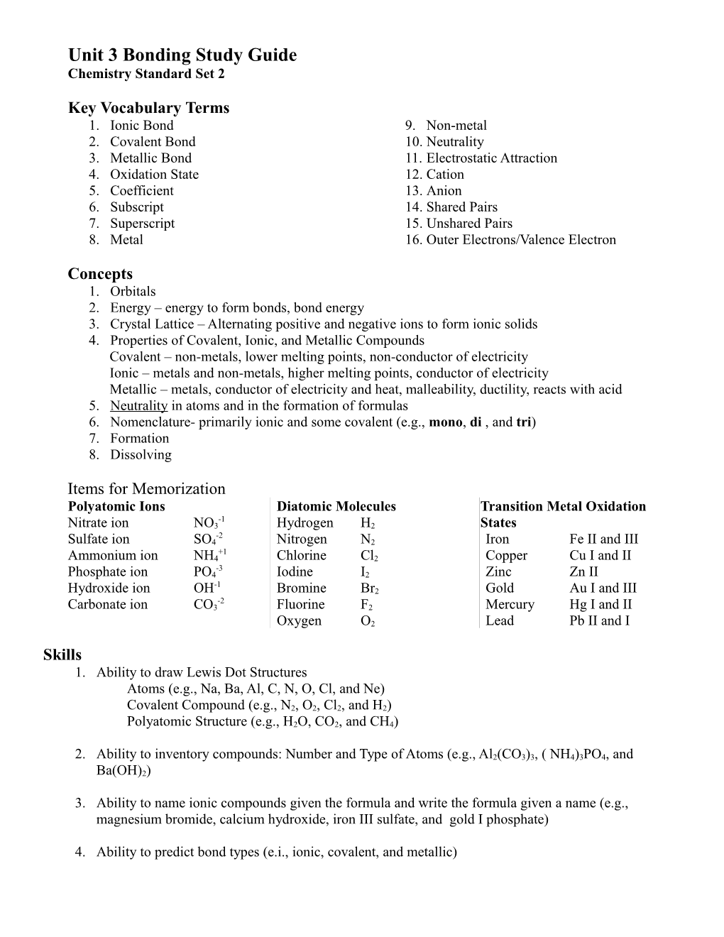 Unit 3 Bonding Study Guide