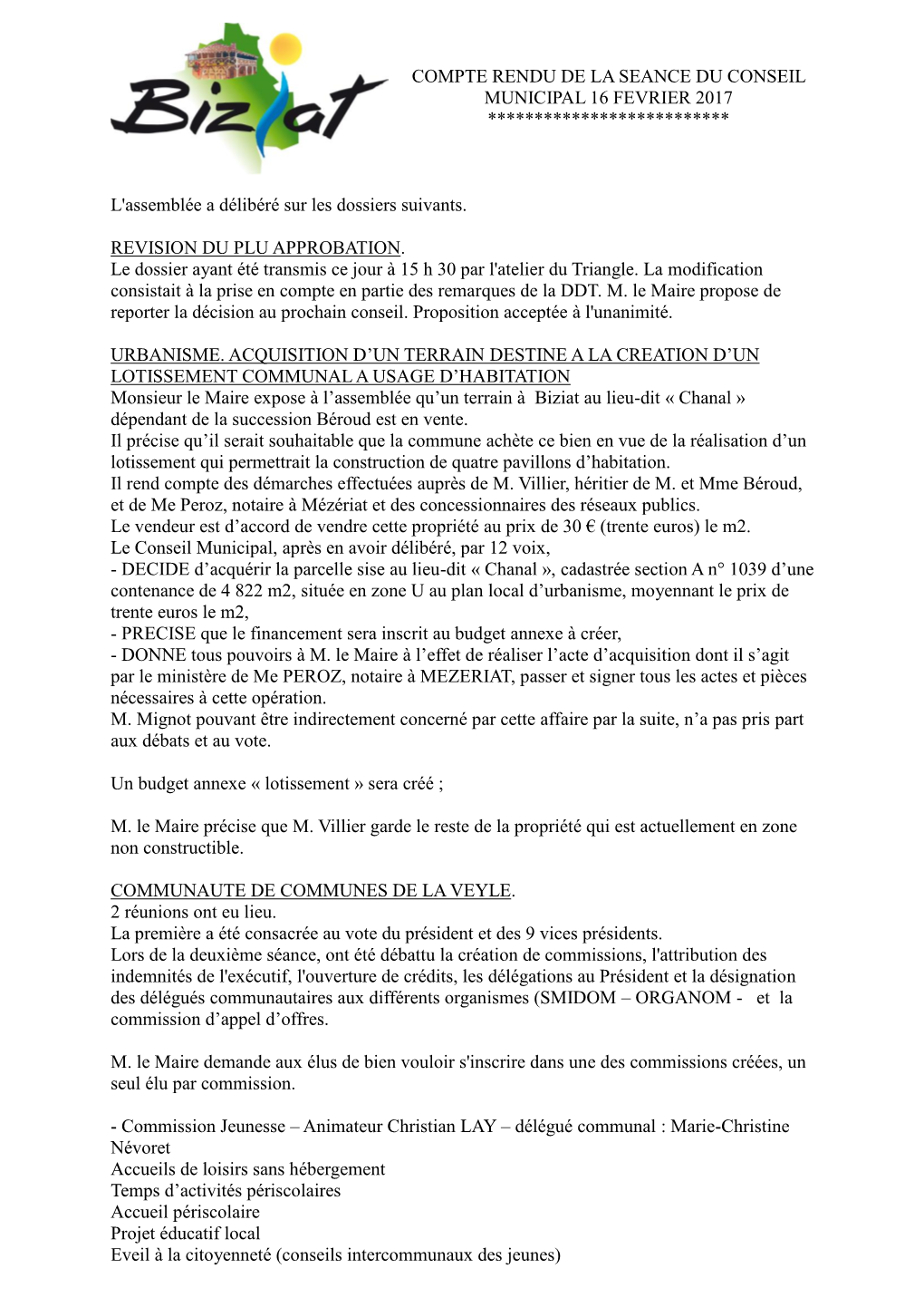 Compte Rendu De La Seance Du Conseil Municipal 16 Fevrier 2017 **************************