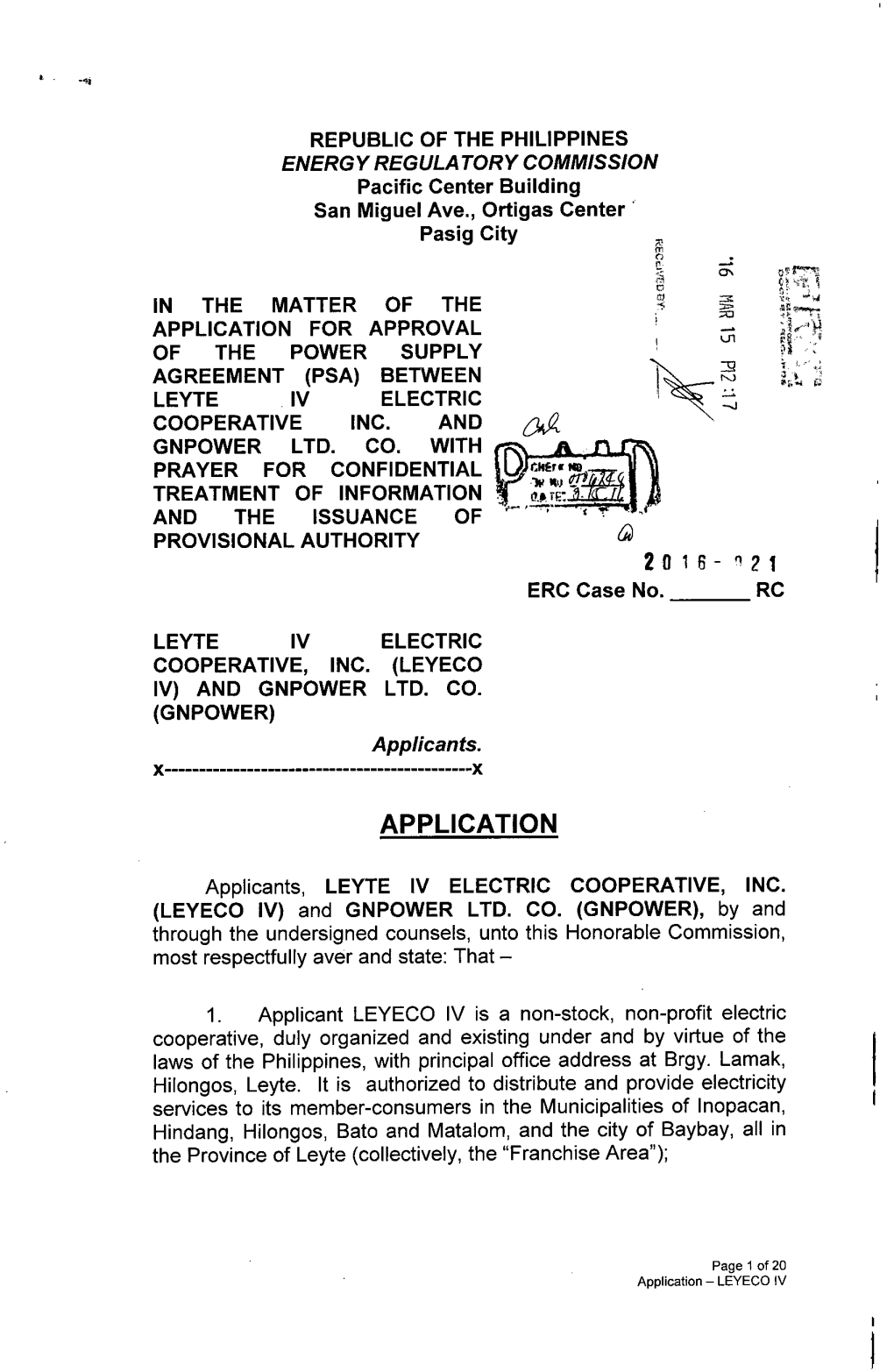 Application for Approval 3; of the Power Supply Agreement (Psa) Between Leyte Iv Electric Cooperative Inc