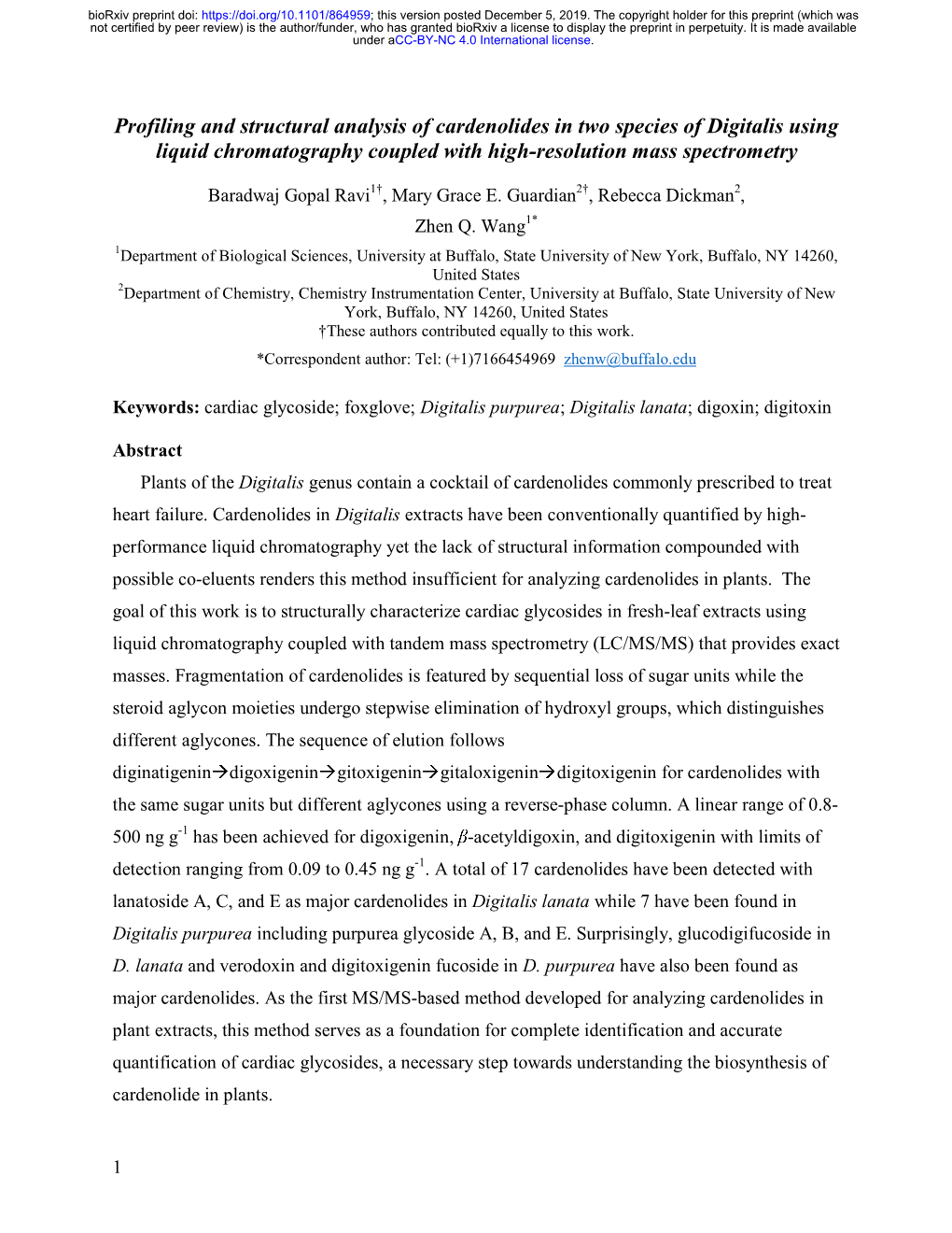 Profiling and Structural Analysis of Cardenolides in Two Species of Digitalis Using Liquid Chromatography Coupled with High-Resolution Mass Spectrometry