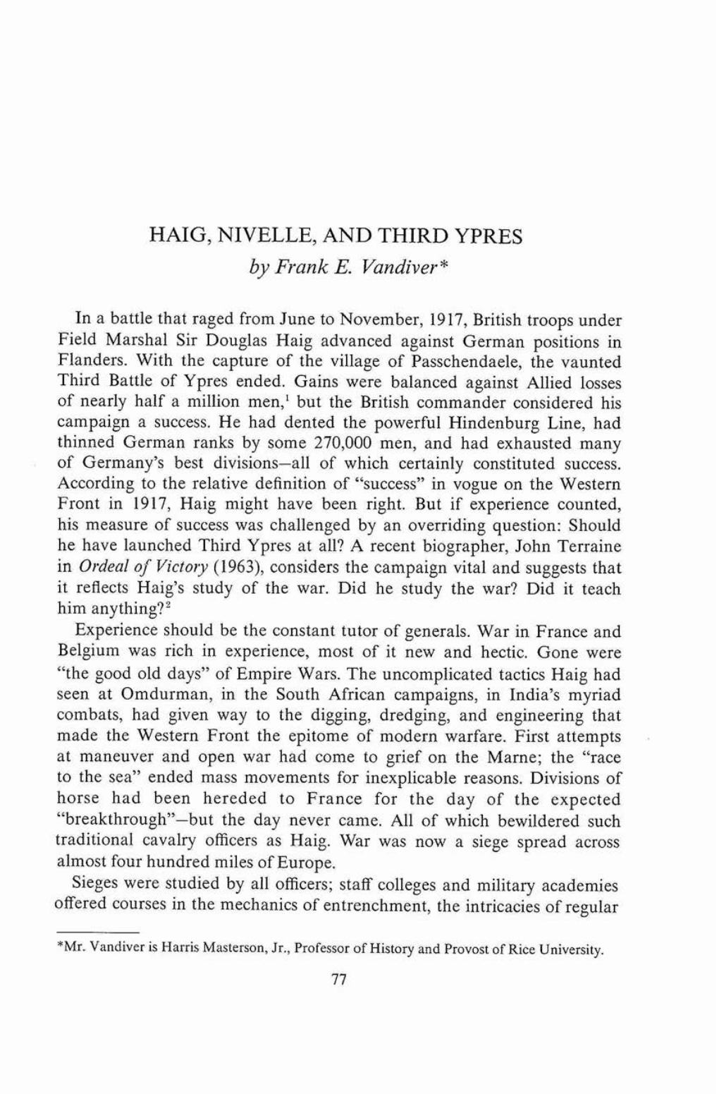 HAIG, NIVELLE, and THIRD YPRES by Frank E. Vandiver