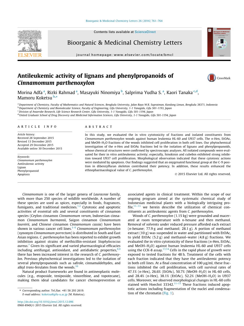 Antileukemic Activity of Lignans and Phenylpropanoids of Cinnamomum Parthenoxylon