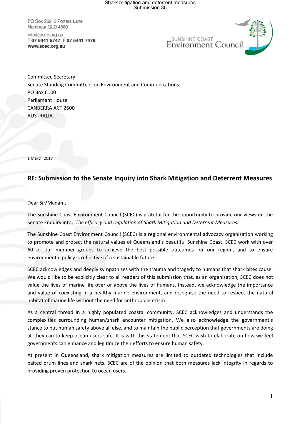 RE: Submission to the Senate Inquiry Into Shark Mitigation and Deterrent Measures