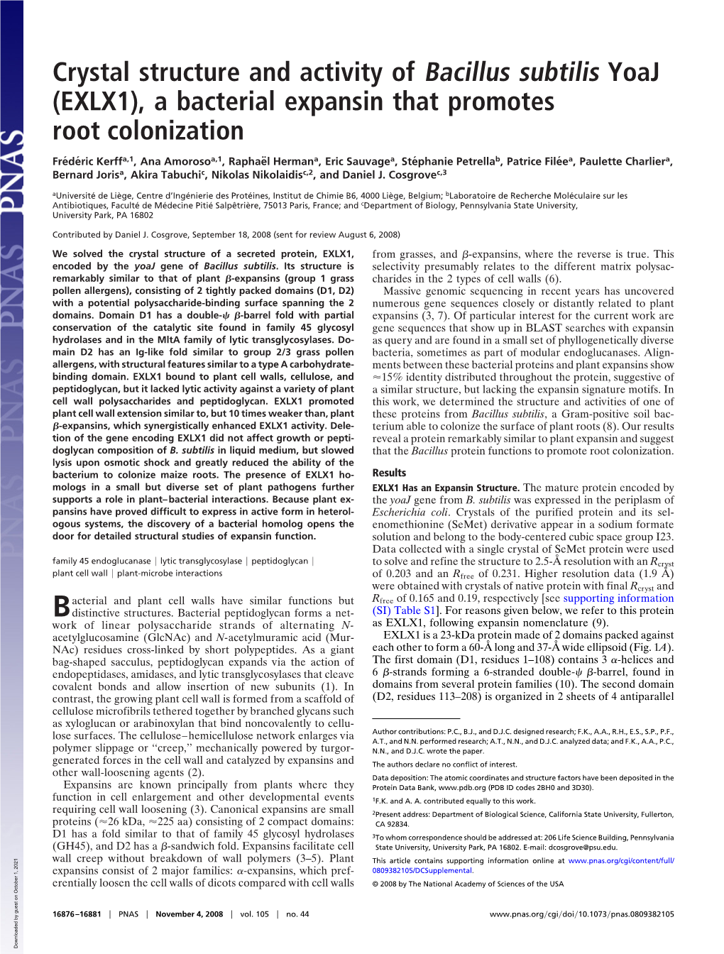 Crystal Structure and Activity of Bacillus Subtilis Yoaj (EXLX1), a Bacterial Expansin That Promotes Root Colonization