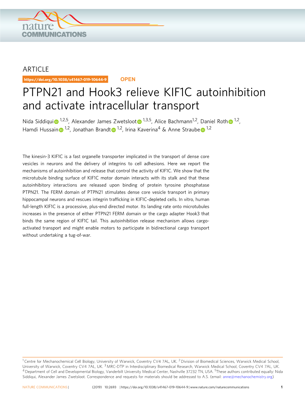 PTPN21 and Hook3 Relieve KIF1C Autoinhibition and Activate Intracellular Transport