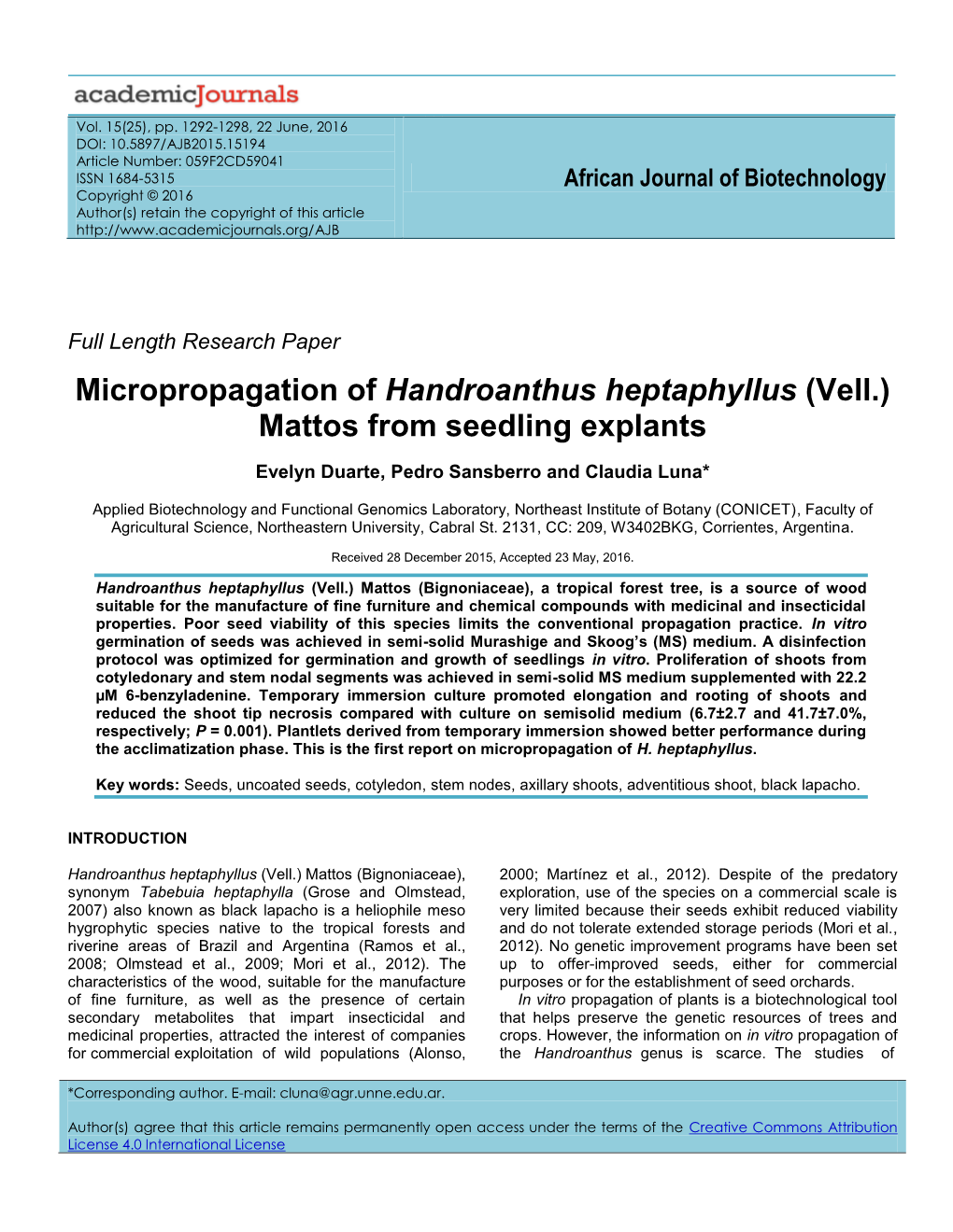 Micropropagation of Handroanthus Heptaphyllus (Vell.) Mattos from Seedling Explants