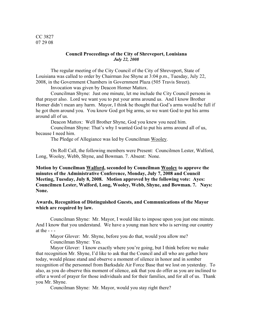 CC 3827 07 29 08 Council Proceedings of the City Of