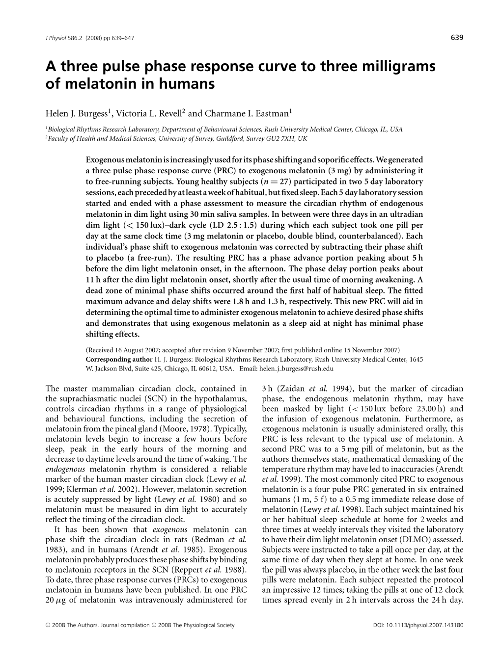 A Three Pulse Phase Response Curve to Three Milligrams of Melatonin in Humans