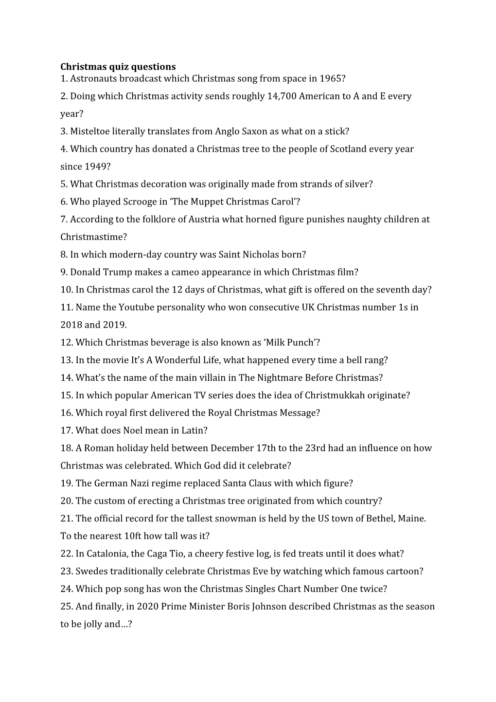 Christmas Quiz Questions 1