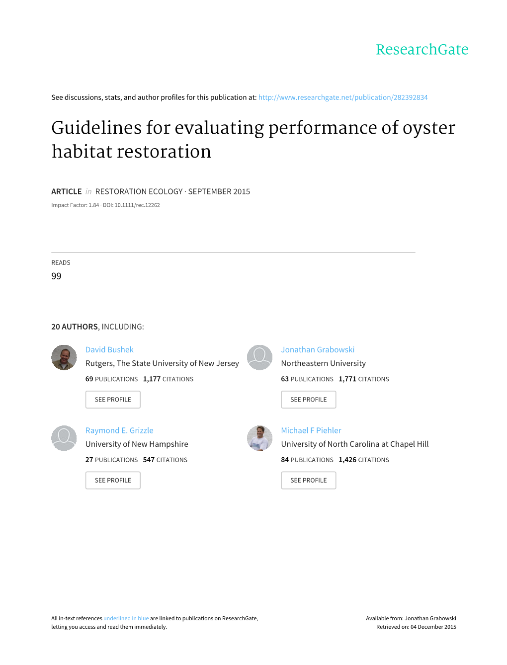 Guidelines for Evaluating Performance of Oyster Habitat Restoration