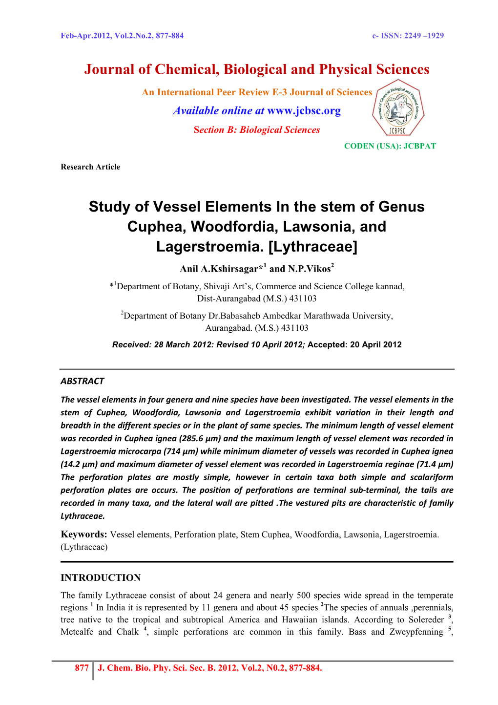 Study of Vessel Elements in the Stem of Genus Cuphea, Woodfordia, Lawsonia, and Lagerstroemia