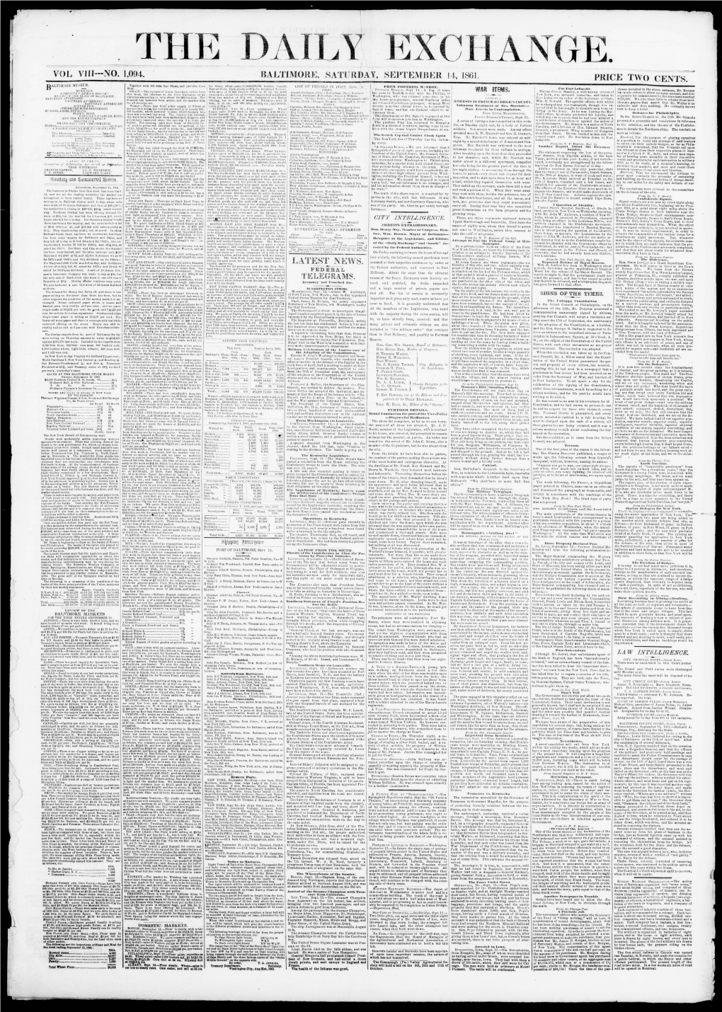 Baltimore. Saturday, September 14, 1861. Price Two Cents