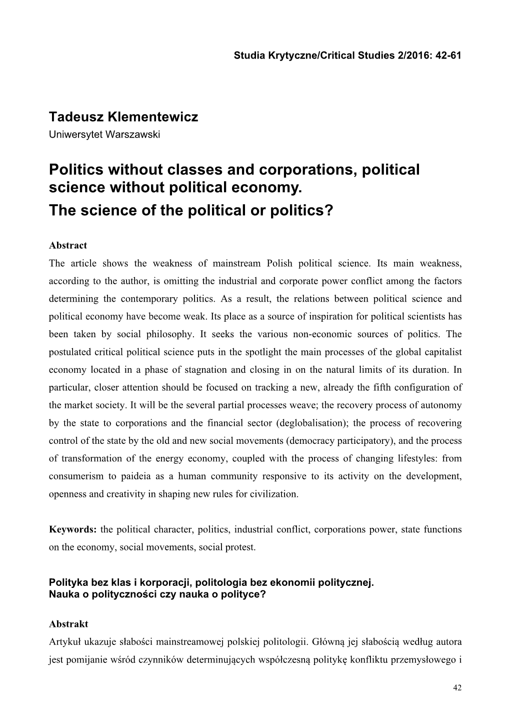 Politics Without Classes and Corporations, Political Science Without Political Economy