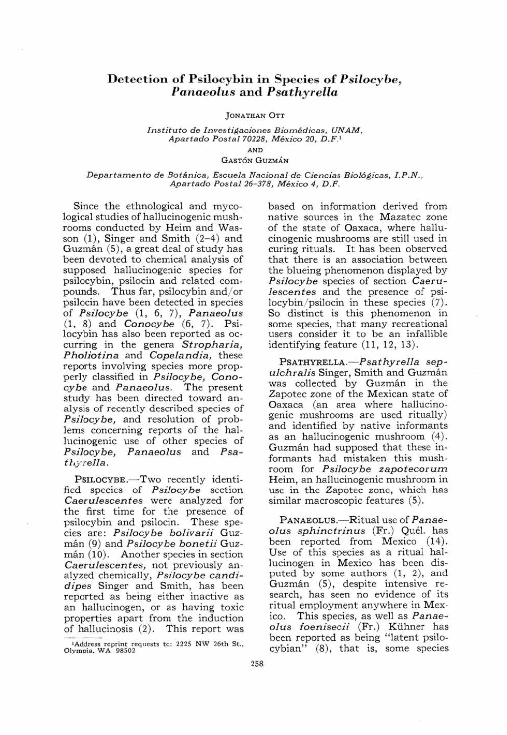 Detection of Psilocybin in Species of Psilocybe, Panaeolu.S and Psathyrella