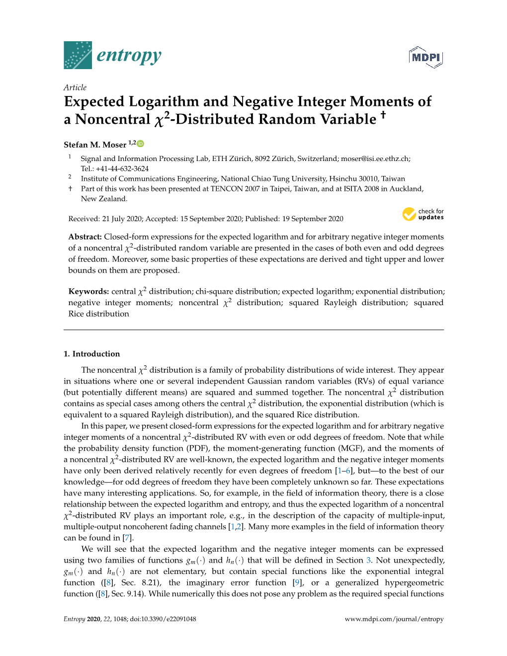 Expected Logarithm and Negative Integer Moments of a Noncentral 2-Distributed Random Variable
