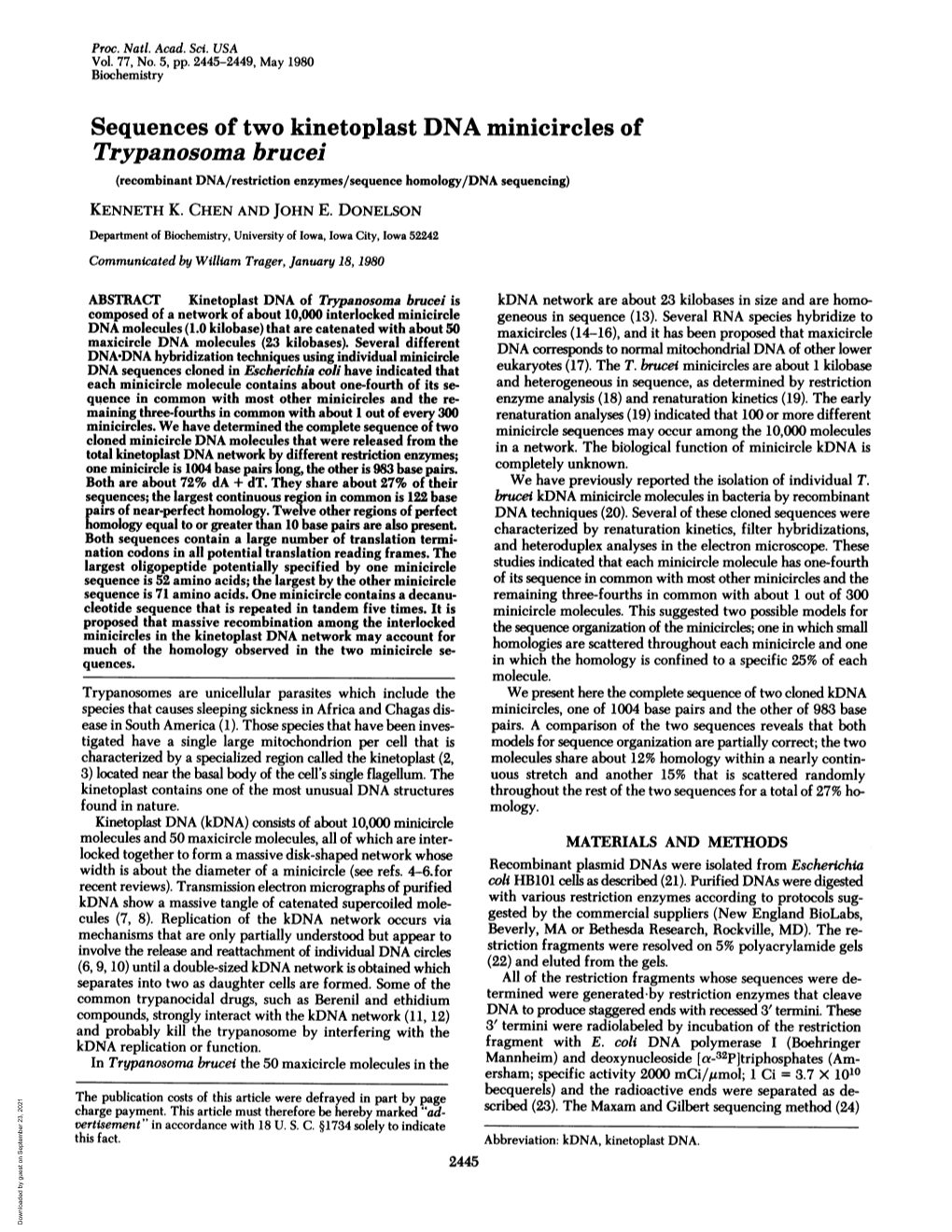 Sequences of Two Kinetoplast DNA Minicircles of Trypanosoma Brucei (Recombinant DNA/Restriction Enzymes/Sequence Homology/DNA Sequencing) KENNETH K