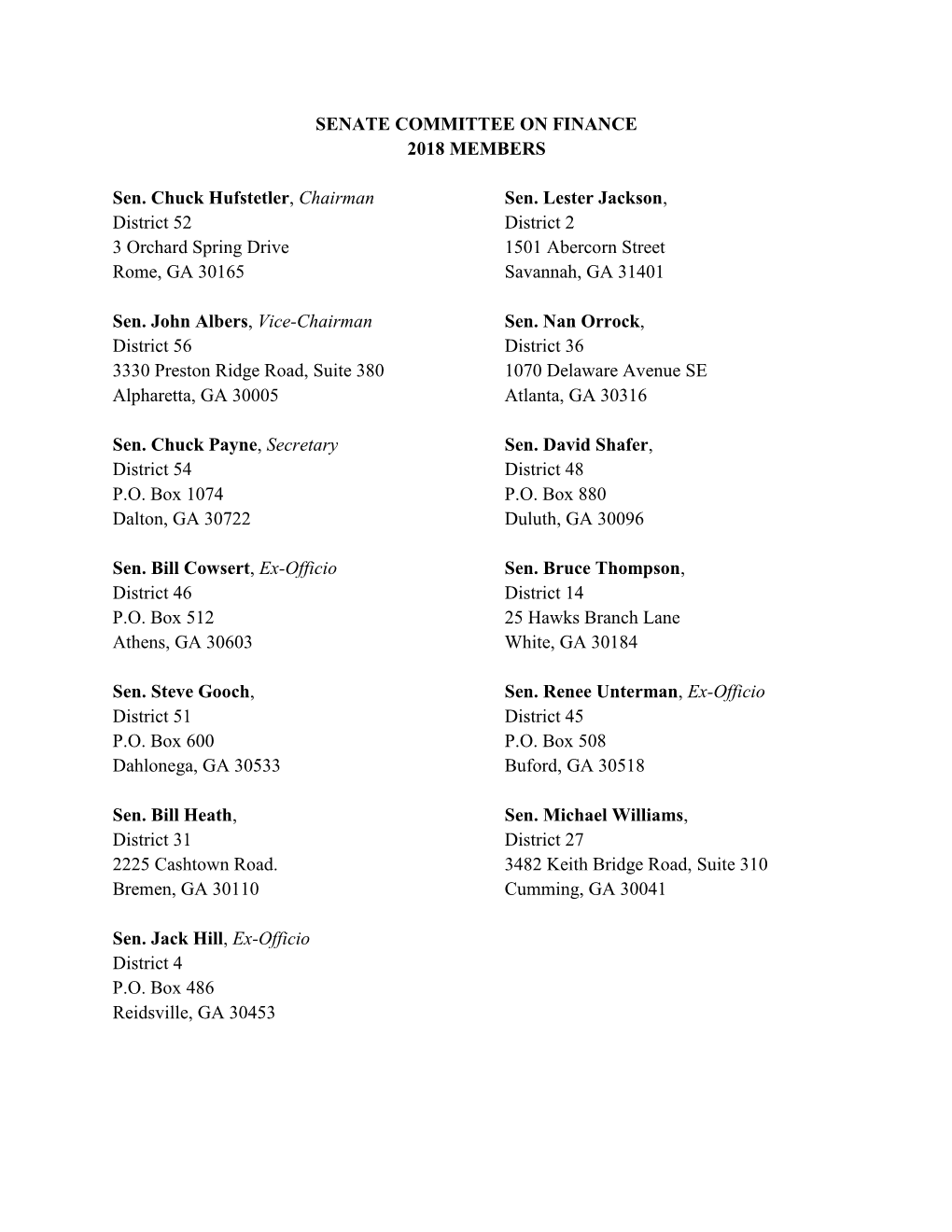 SENATE COMMITTEE on FINANCE 2018 MEMBERS Sen. Chuck Hufstetler, Chairman District 52 3 Orchard Spring Drive Rome, GA 30165 Sen
