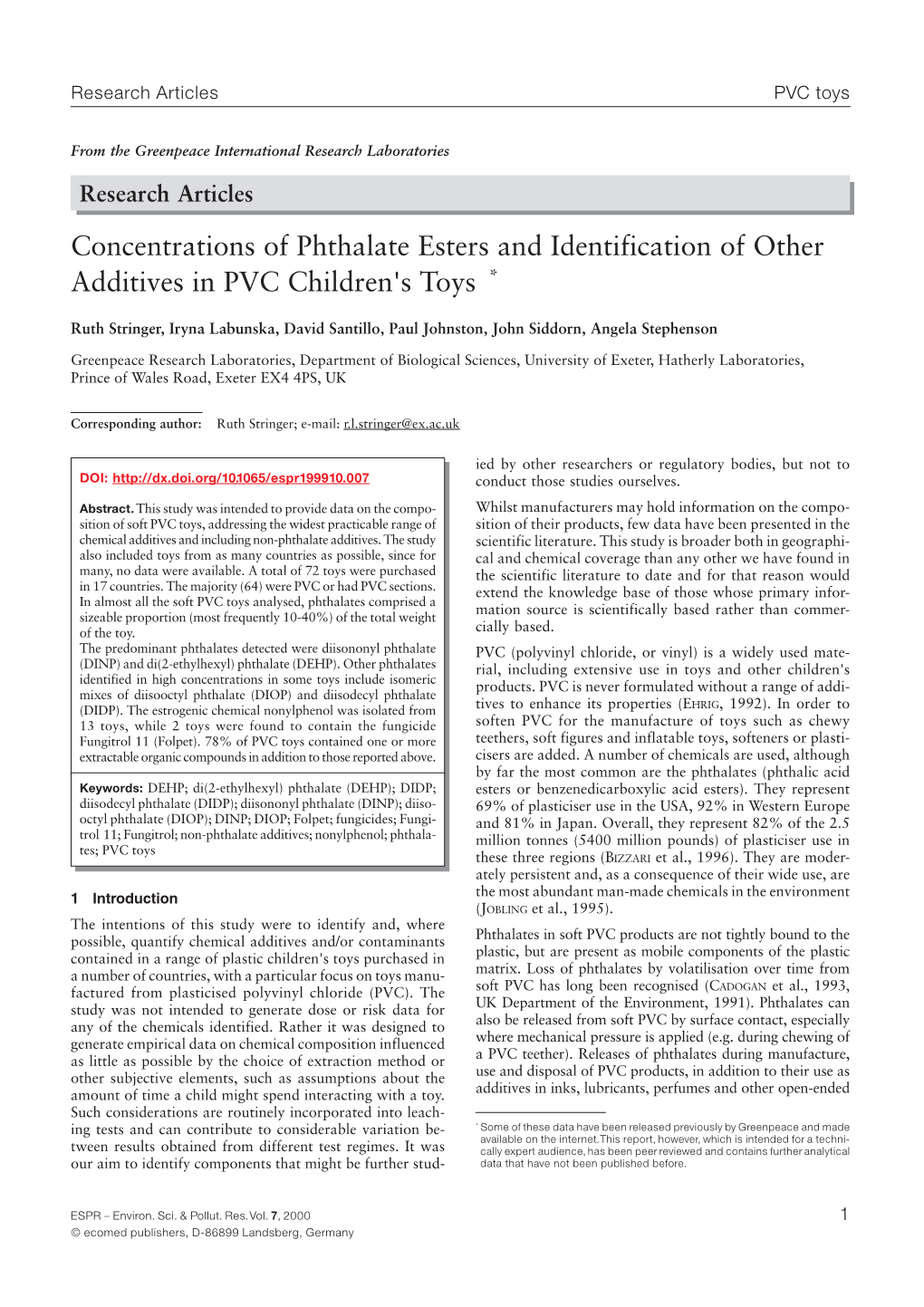 Concentrations of Phthalate Esters and Identification of Other Additives in PVC Children's Toys *