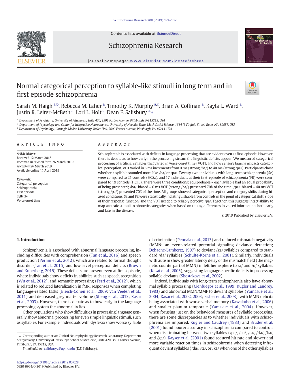 Normal Categorical Perception to Syllable-Like Stimuli in Long Term and in ﬁrst Episode Schizophrenia