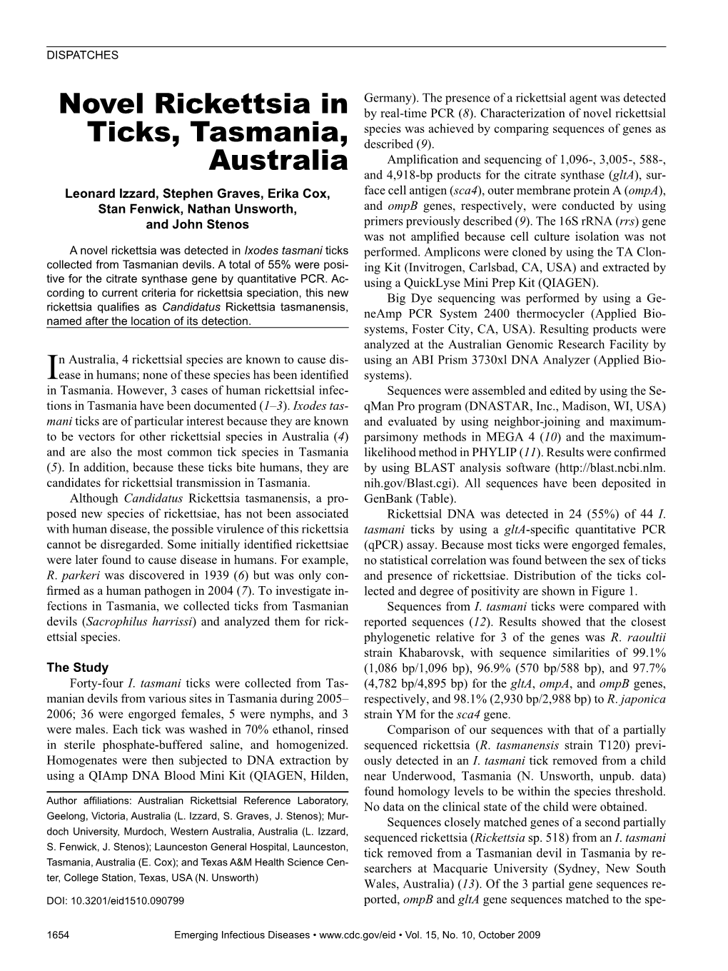 Novel Rickettsia in Ticks, Tasmania, Australia