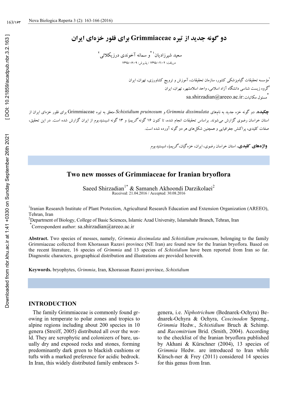 Two New Mosses of Grimmiaceae for Iranian Bryoflora