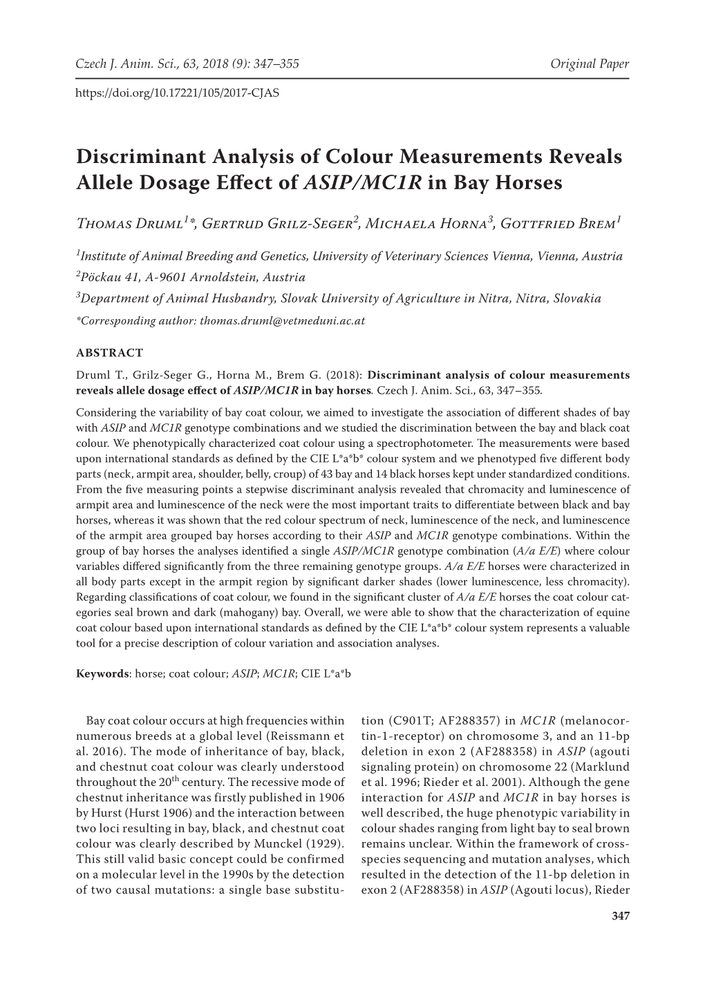 Discriminant Analysis of Colour Measurements Reveals Allele Dosage Effect of ASIP/MC1R in Bay Horses