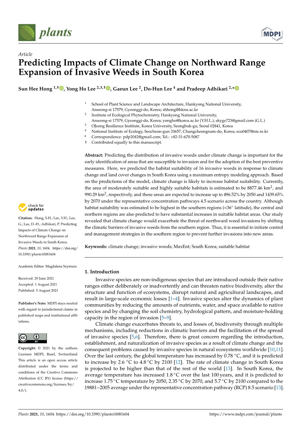 Predicting Impacts of Climate Change on Northward Range Expansion of Invasive Weeds in South Korea
