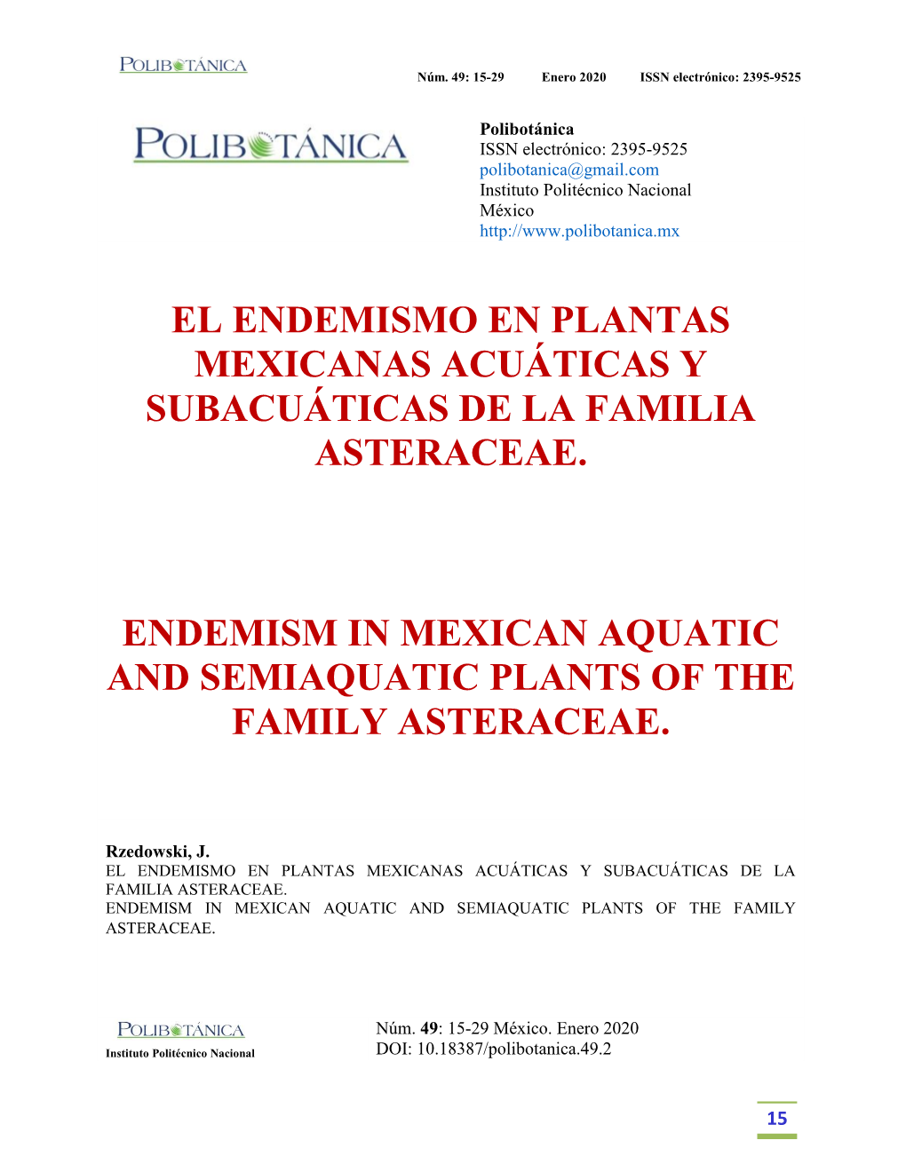 El Endemismo En Plantas Mexicanas Acuáticas Y Subacuáticas De La Familia Asteraceae