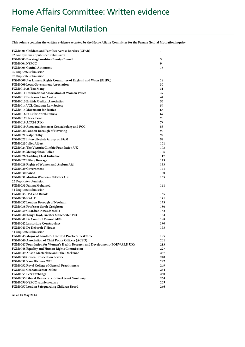 Home Affairs Committee: Written Evidence Female Genital Mutilation