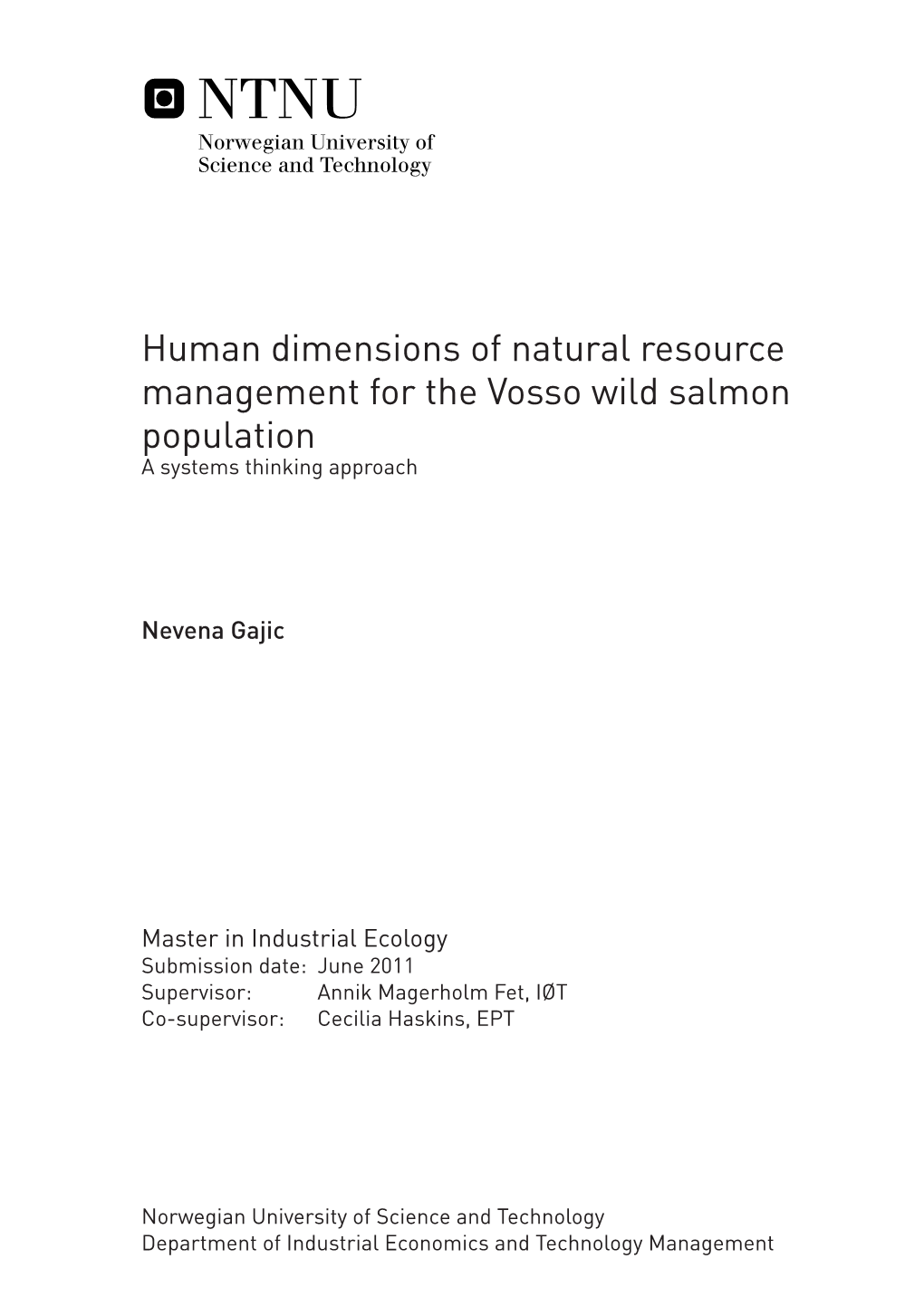 Human Dimensions of Natural Resource Management for the Vosso Wild Salmon Population a Systems Thinking Approach