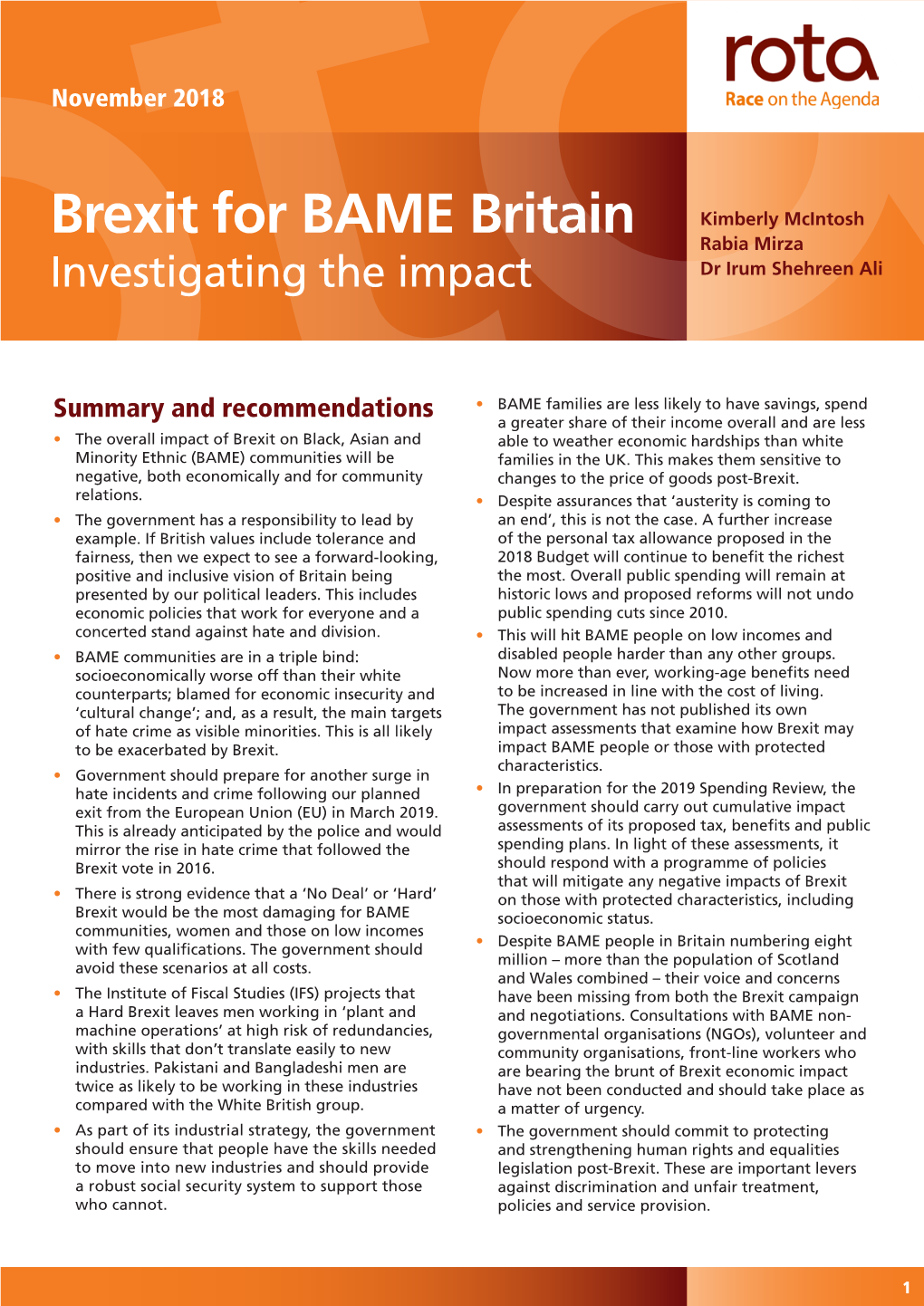 Brexit for BAME Britain Rabia Mirza Investigating the Impact Dr Irum Shehreen Ali