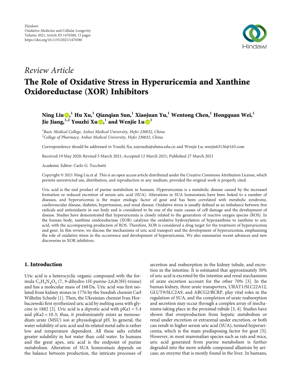 The Role of Oxidative Stress in Hyperuricemia and Xanthine Oxidoreductase (XOR) Inhibitors