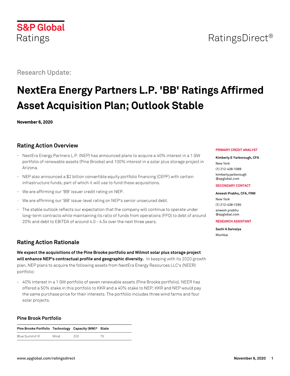Nextera Energy Partners L.P. 'BB' Ratings Affirmed Asset Acquisition Plan; Outlook Stable Nextera Energy Partners L.P. 'BB' Rati
