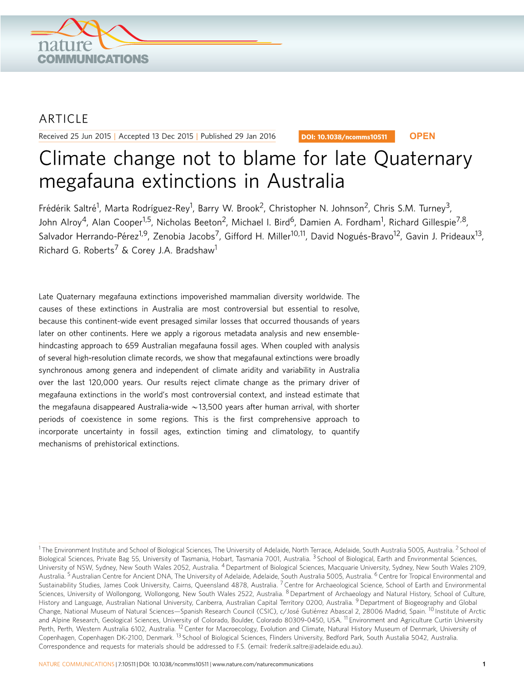 Climate Change Not to Blame for Late Quaternary Megafauna Extinctions in Australia
