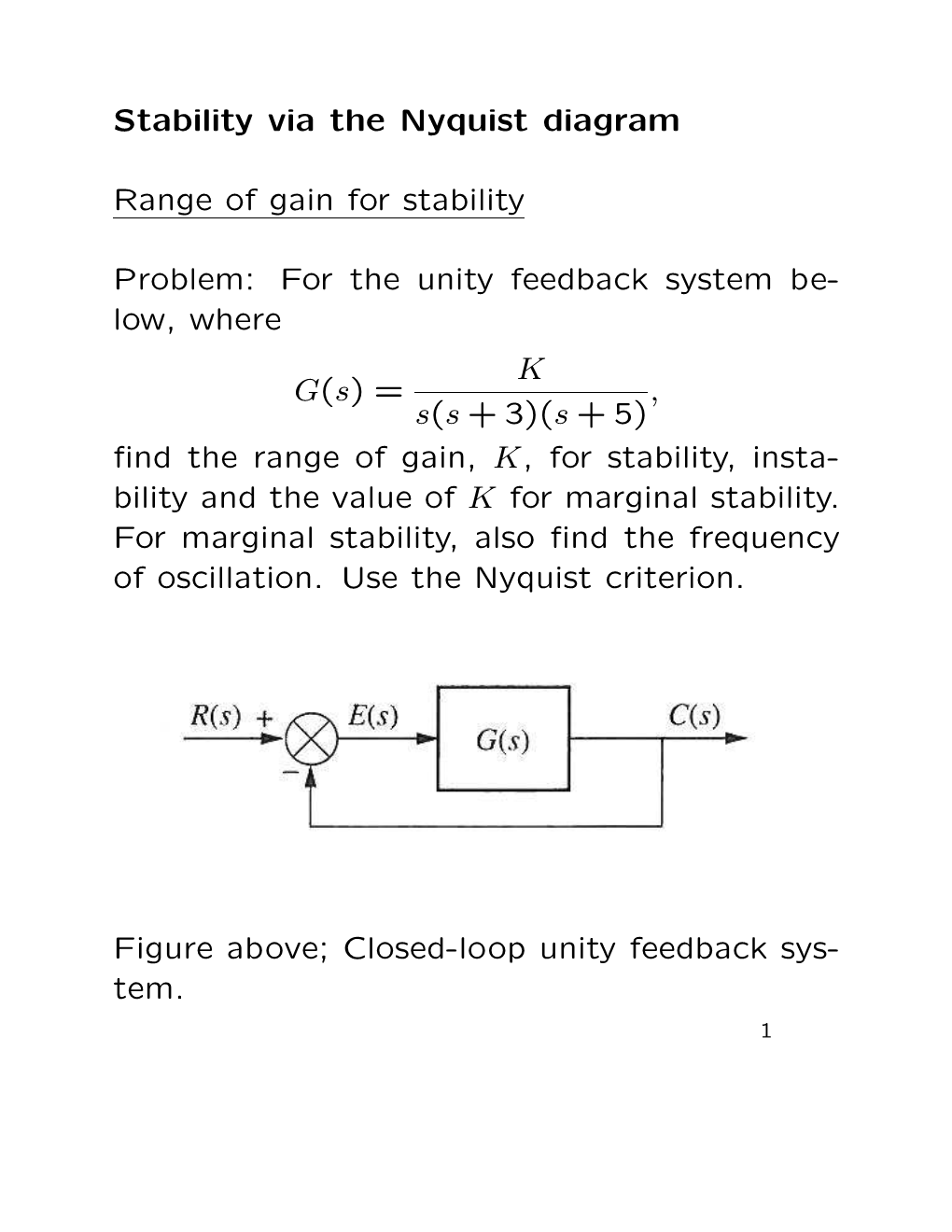 Stability Via the Nyquist Diagram Range of Gain for Stability Problem