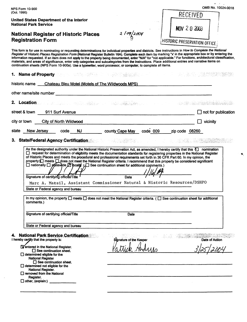 NOV 2 0 2003 National Register of Historic Places 9 Registration Form Llsjoric PRESERVATION OFFICE