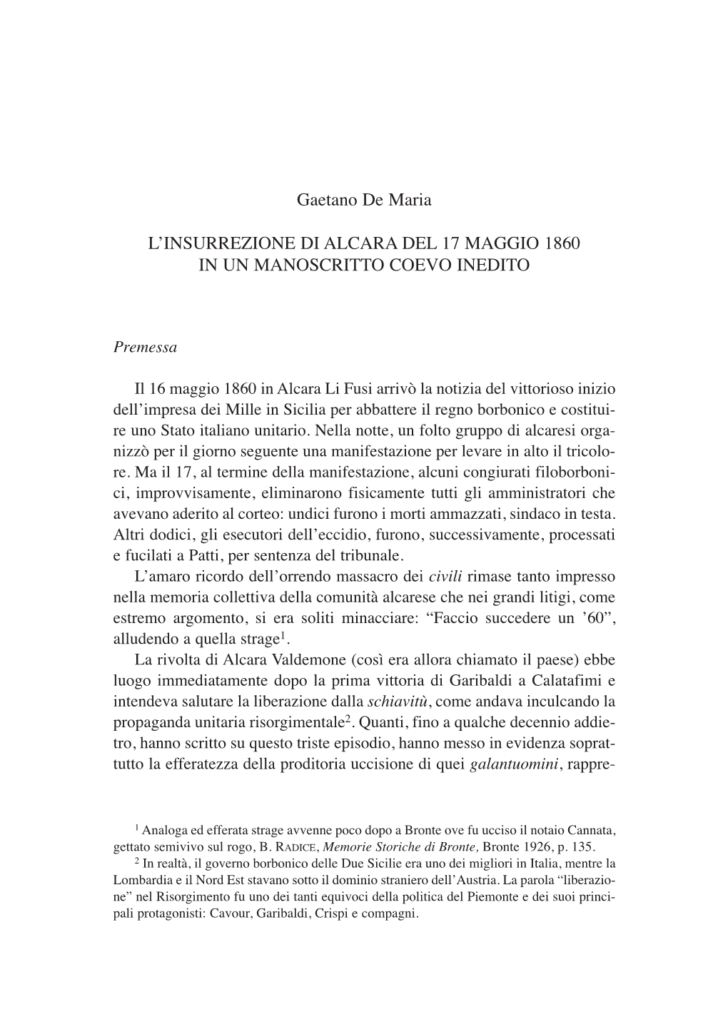 L'insurrezione Di Alcara Del 17 Maggio 1860 in Un Manoscritto Coevo Inedito