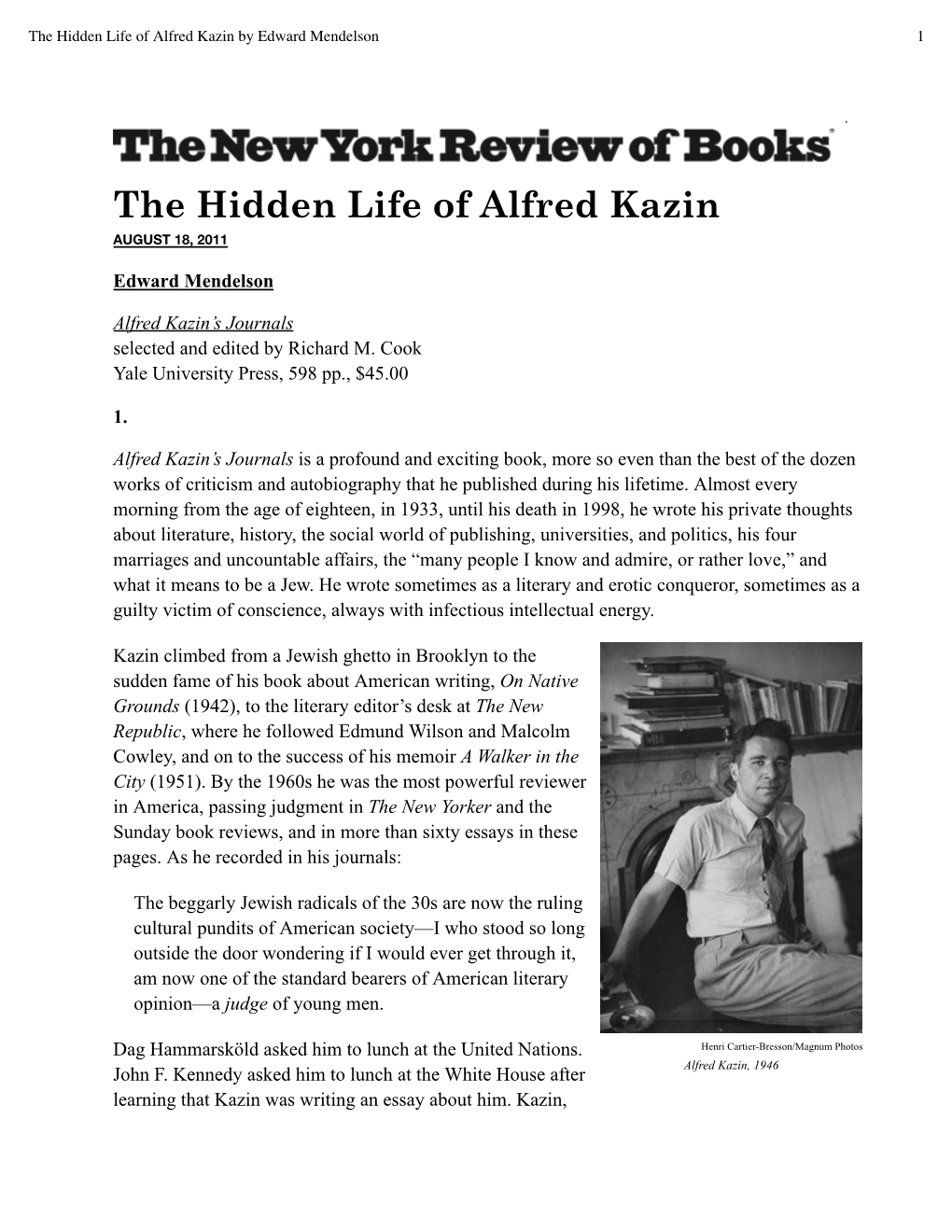 The Hidden Life of Alfred Kazin by Edward Mendelson 1