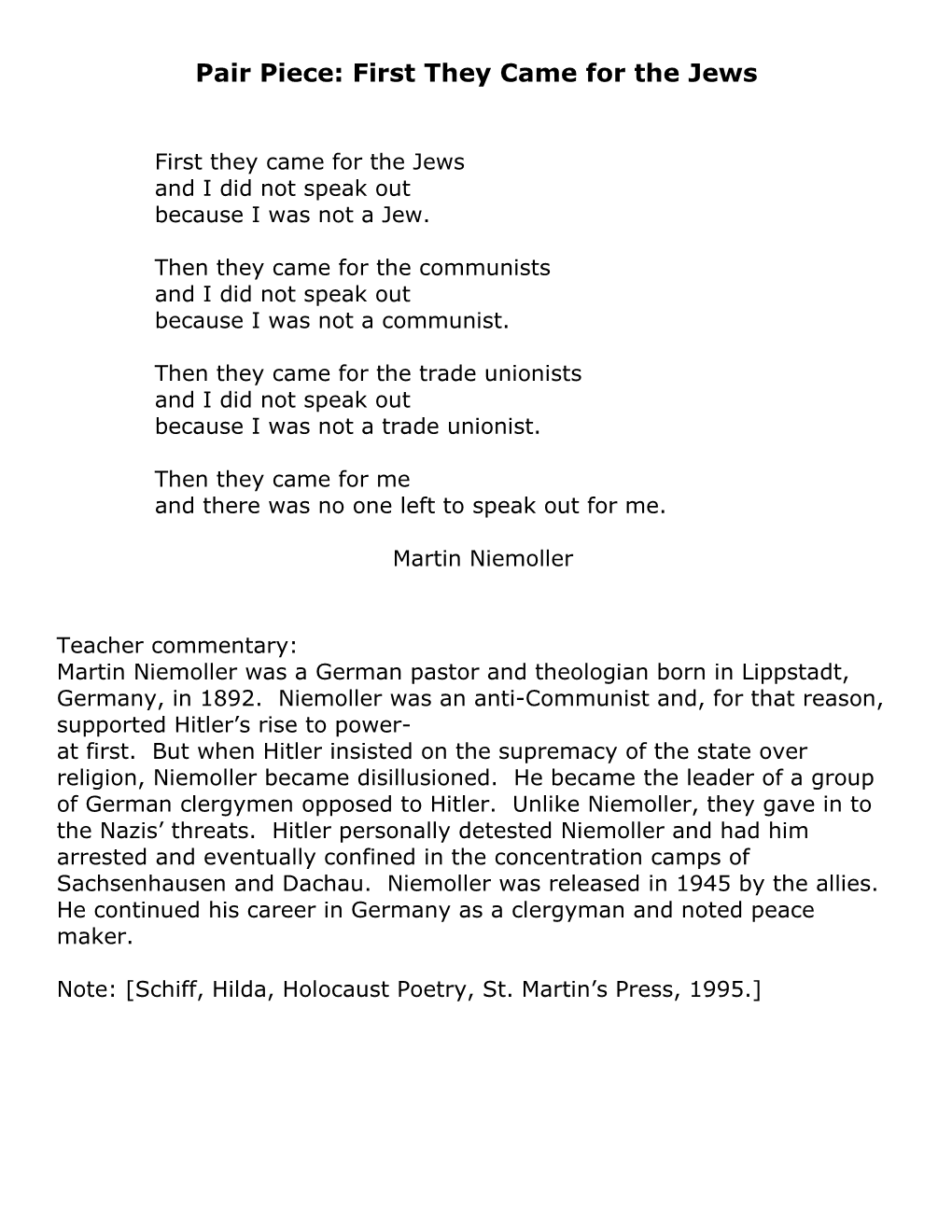 Sample Answer Pair “Terrible Things” And “First They Came For The Jews”