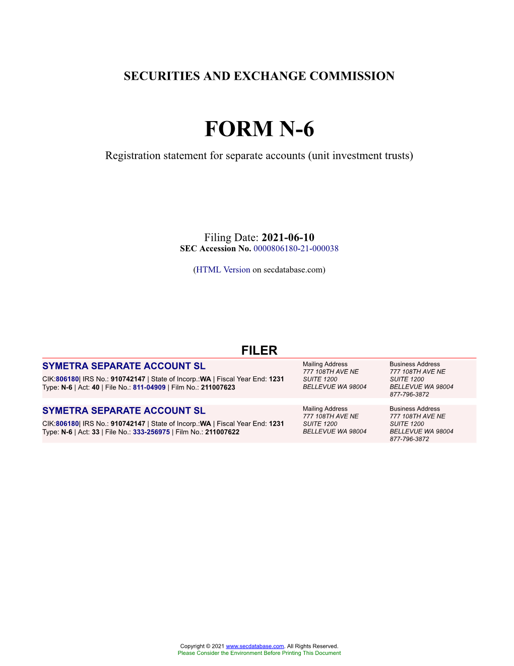 SYMETRA SEPARATE ACCOUNT SL Form N-6 Filed 2021-06-10