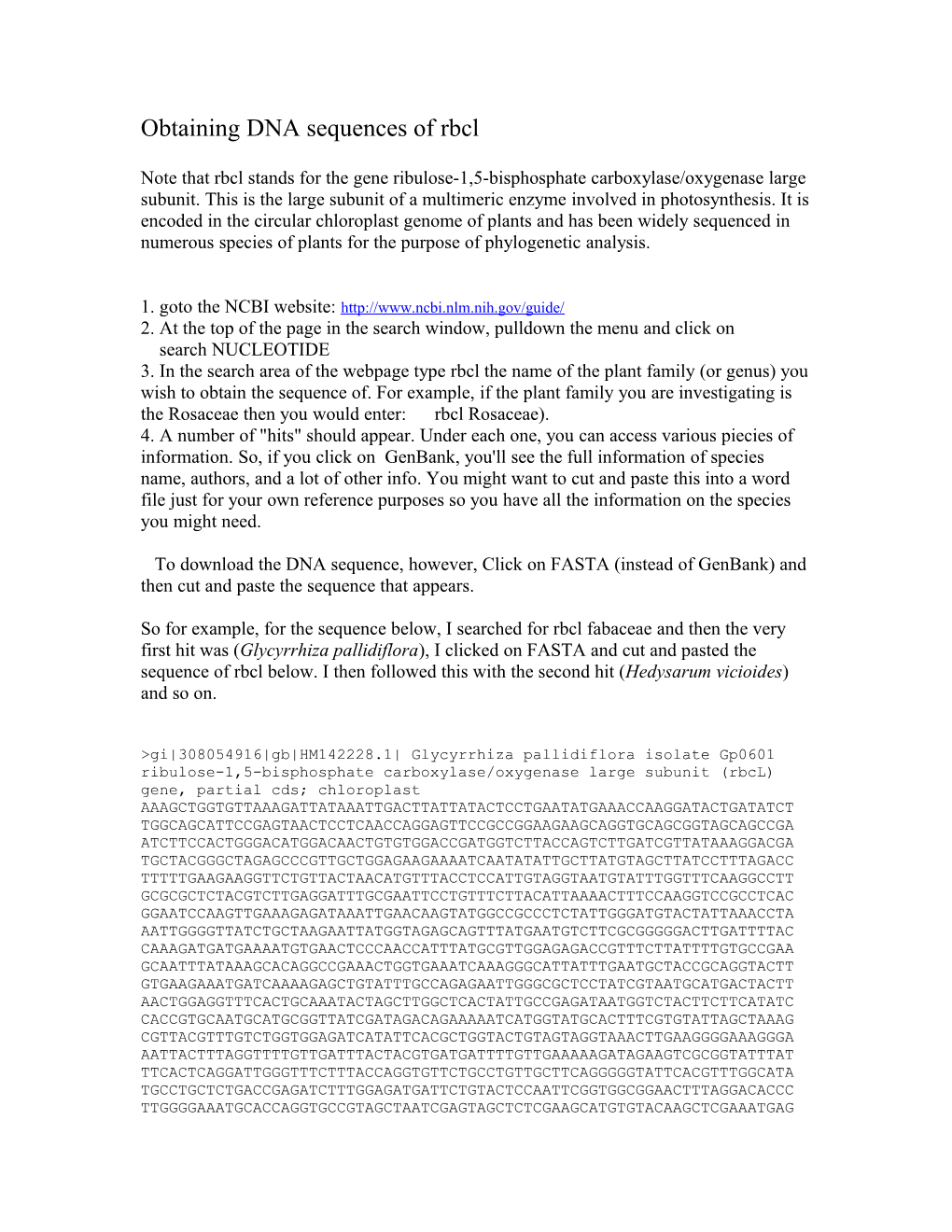 Obtaining DNA Sequences of RBCL