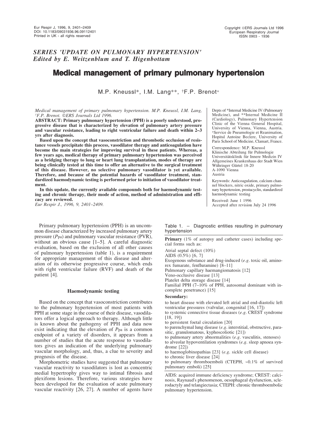 Medical Management of Primary Pulmonary Hypertension