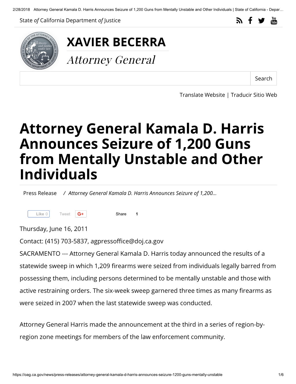 Attorney General Kamala D. Harris Announces Seizure of 1,200 Guns