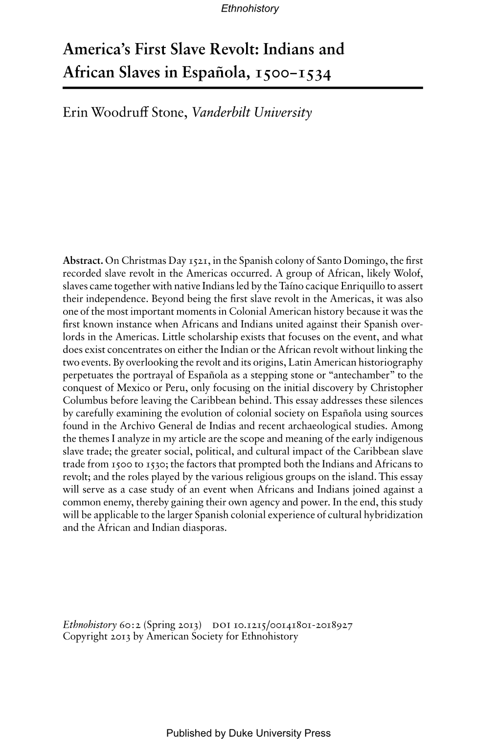 America's First Slave Revolt: Indians and African Slaves in Española