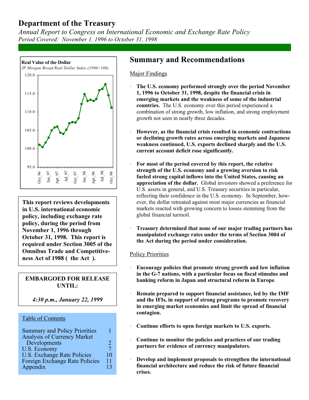 Department of the Treasury Summary and Recommendations