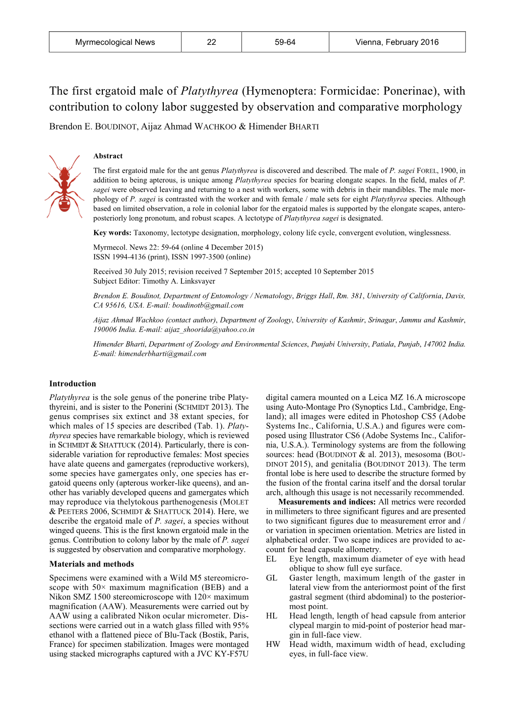 Hymenoptera: Formicidae: Ponerinae), with Contribution to Colony Labor Suggested by Observation and Comparative Morphology