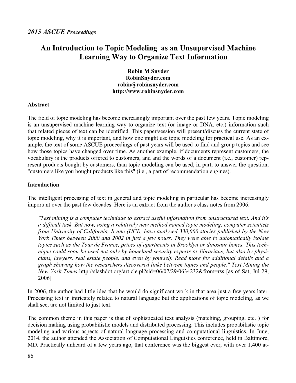 An Introduction to Topic Modeling As an Unsupervised Machine Learning Way to Organize Text Information