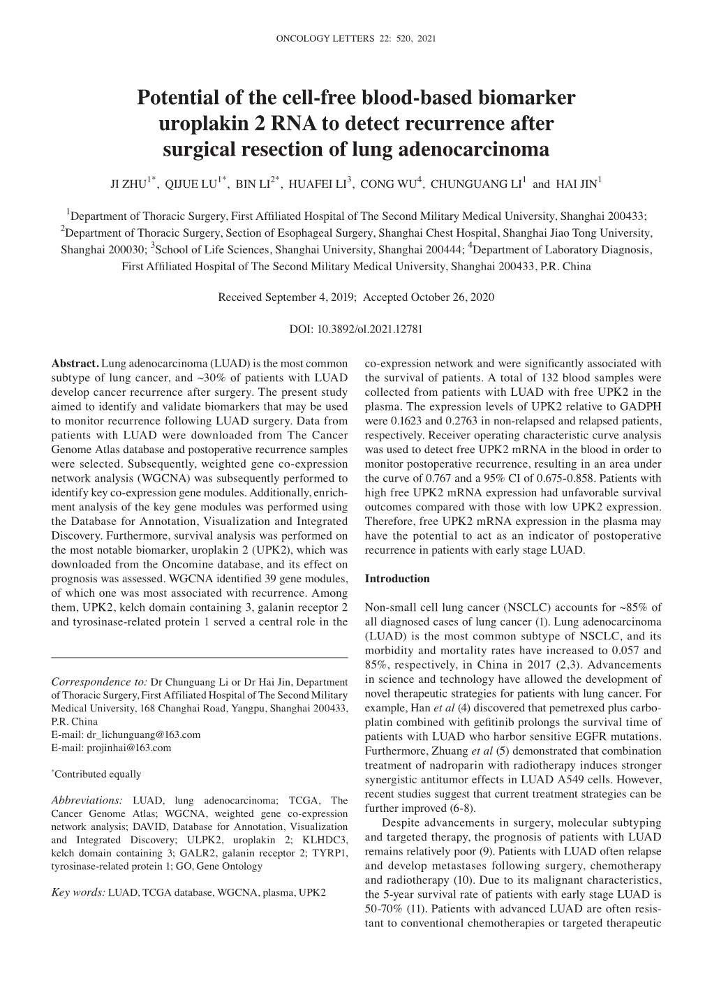 Potential of the Cell‑Free Blood‑Based Biomarker Uroplakin 2 RNA to Detect Recurrence After Surgical Resection of Lung Adenocarcinoma