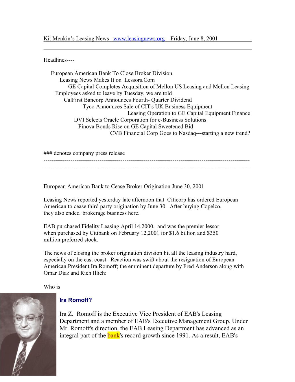 European American Bank to Cease Broker Origination June 30, 2001