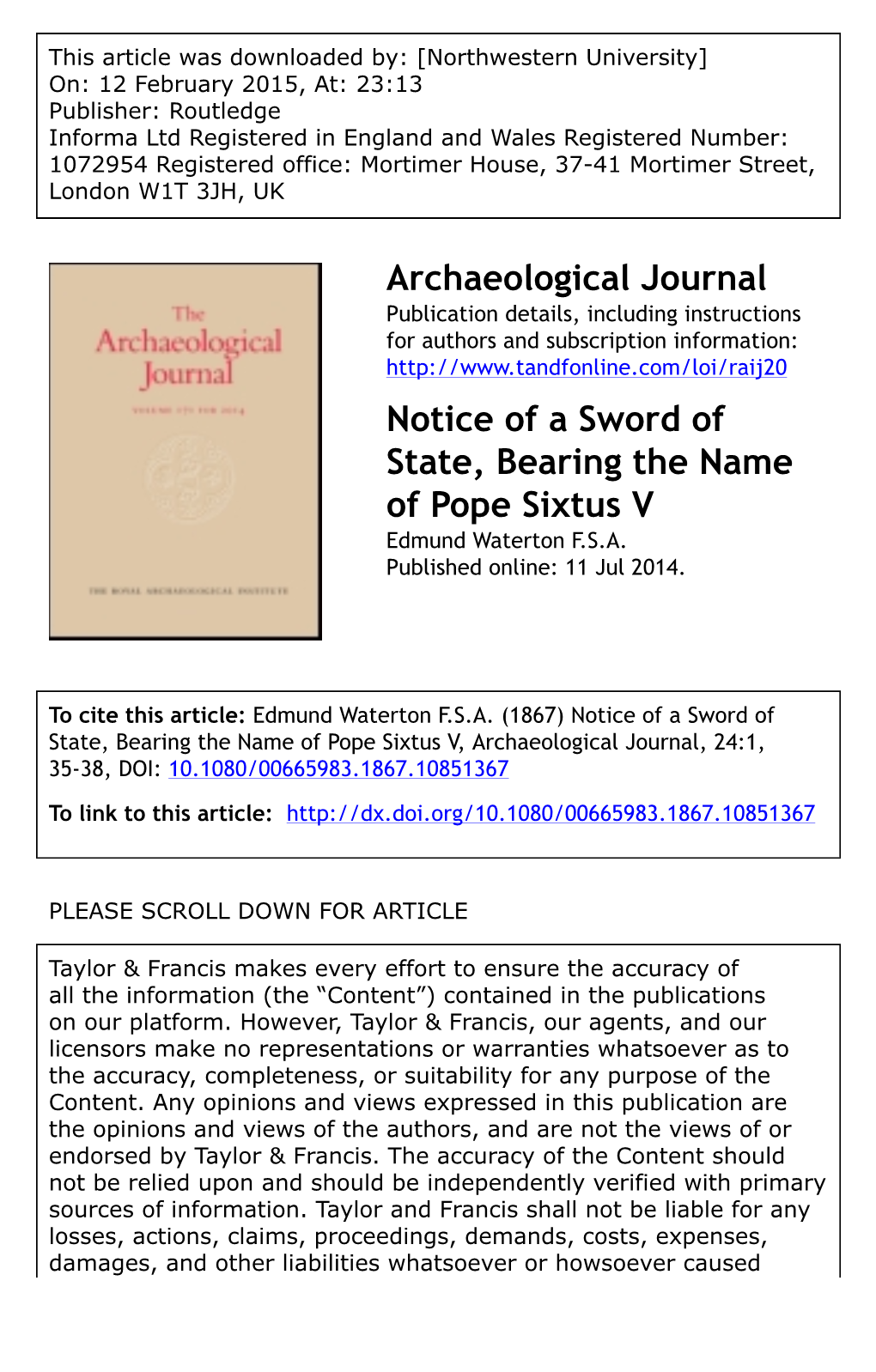 Archaeological Journal Notice of a Sword of State, Bearing the Name